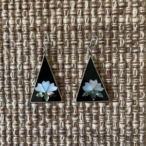 Vintage 1970s Alpaca Mexico Silver Abalone Inlay Lotus Flower Pierced Earrings